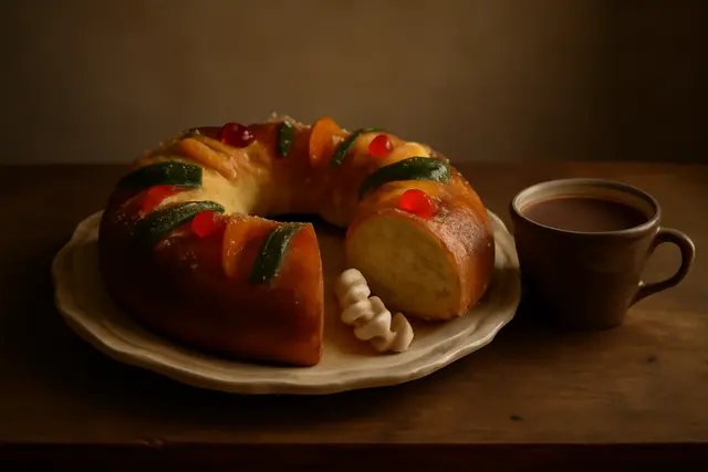Ring-shaped sweet bread with candied fruit on a platter beside a small figure and cut slice