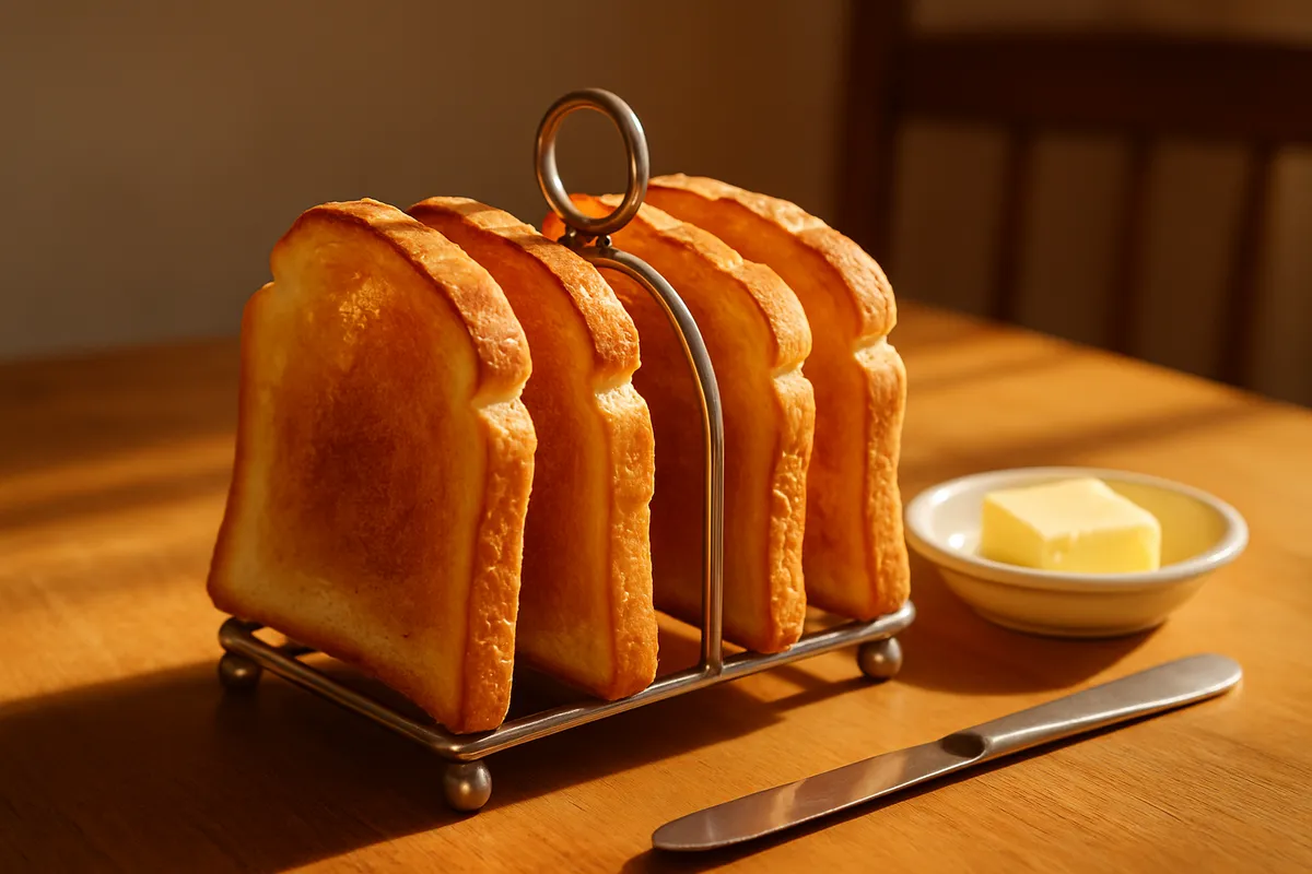 Golden slices of toast standing upright in a metal toast rack beside butter and a knife