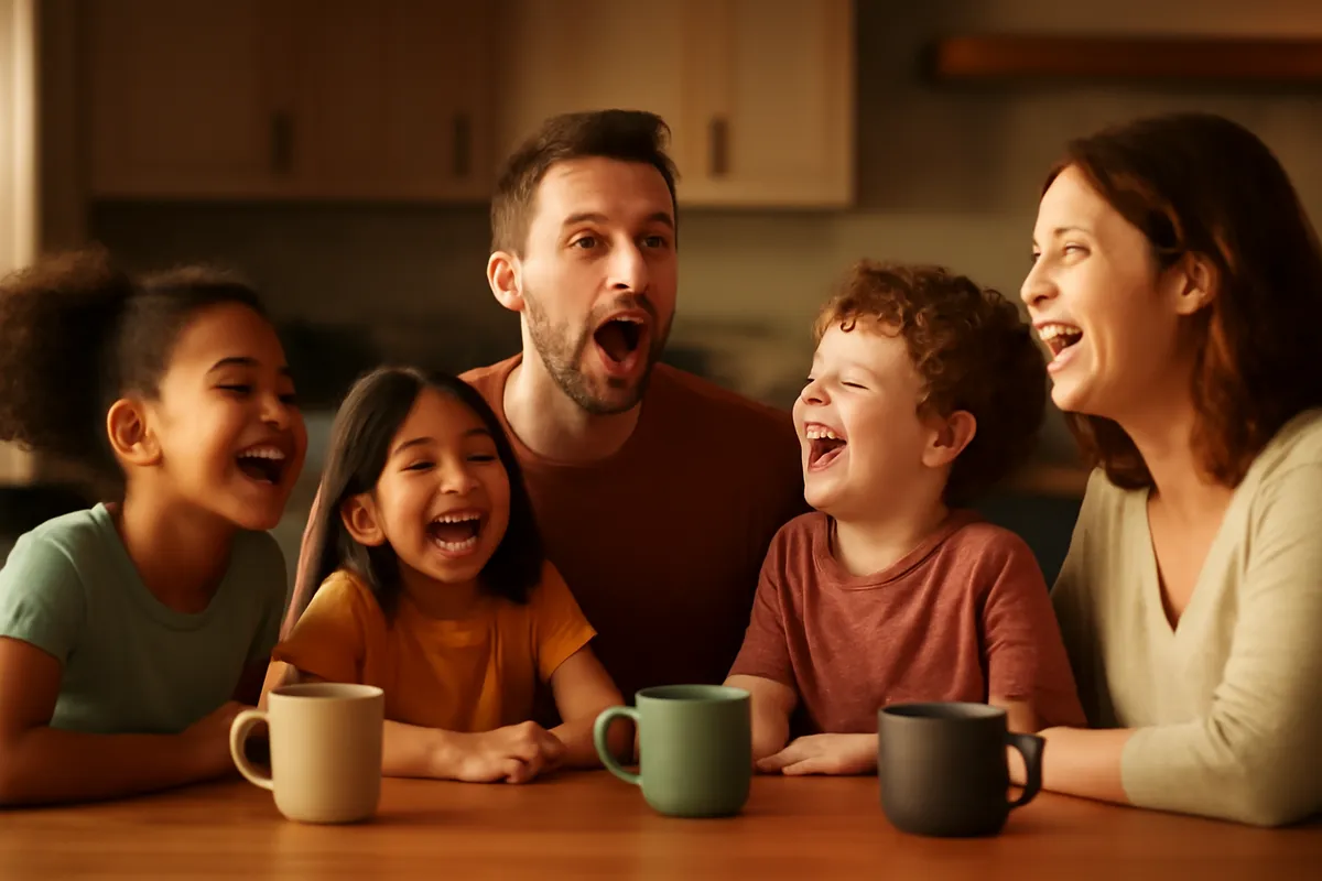 Group around a kitchen table laughing as one person speaks with an exaggerated mouth shape