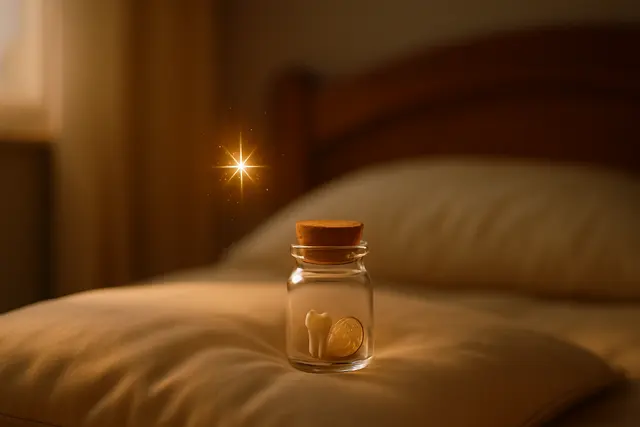 Fairy light over a pillow beside a tiny jar holding a baby tooth and a coin