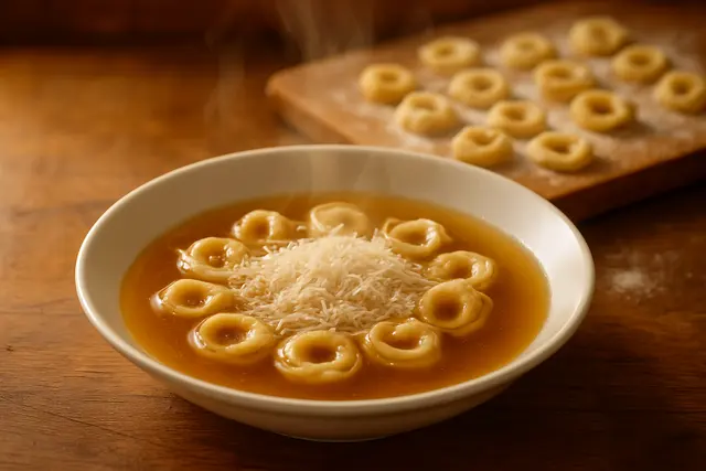 Bowl of small ring-shaped pasta in clear golden broth with grated cheese and rising steam