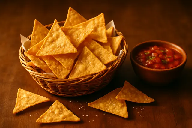 Basket of triangular tortilla chips with some spilled beside a bowl of salsa