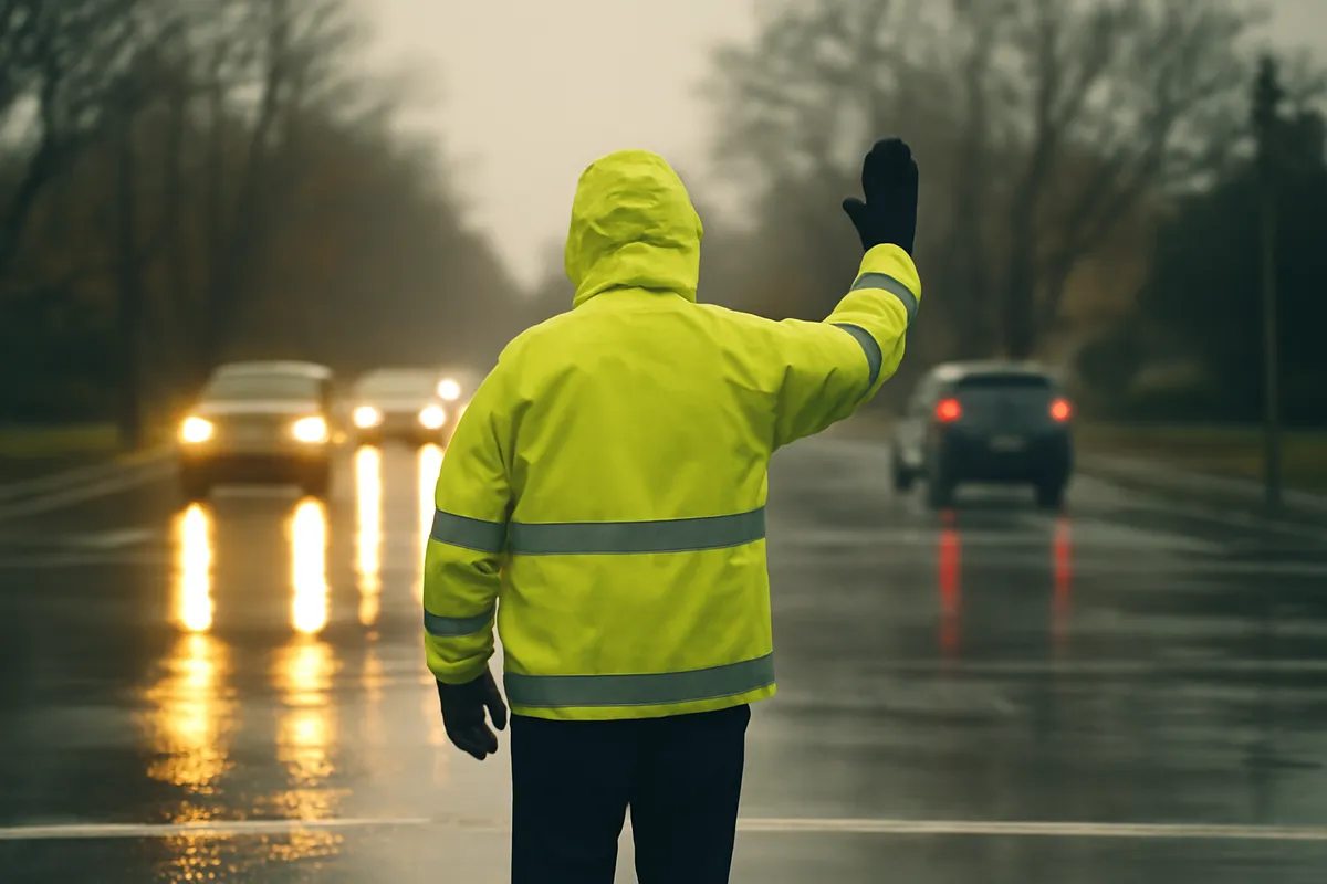 Figure in a high-visibility jacket directing traffic at a rain-slicked intersection
