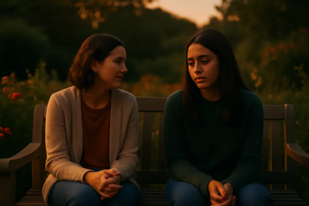 Two people on a garden bench at dusk, one talking quietly while the other listens