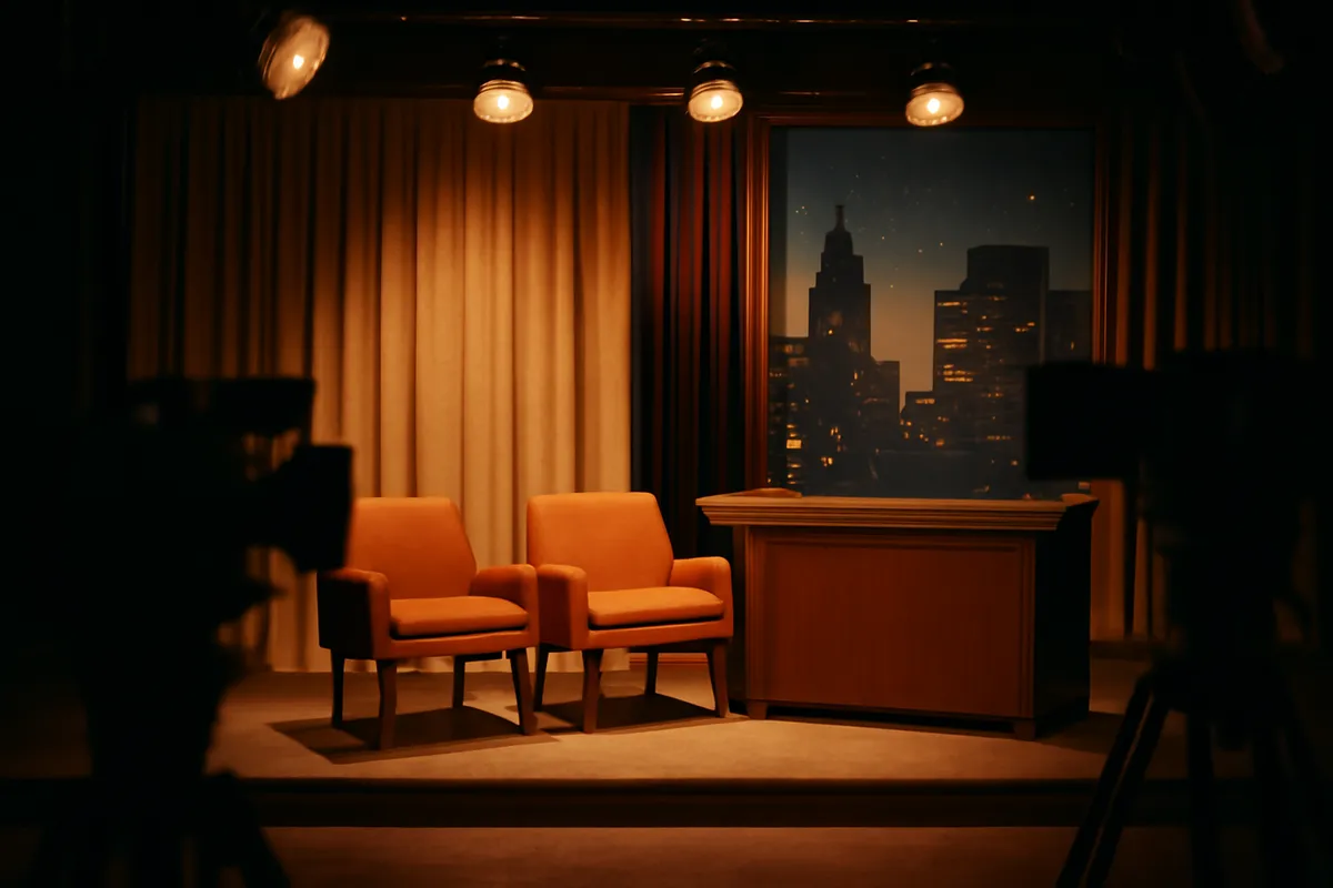 Empty talk show set with a desk and guest chairs under warm stage lights