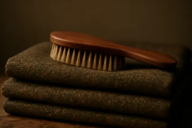 Close view of folded tweed cloth showing the flecked weave with a wooden brush on top