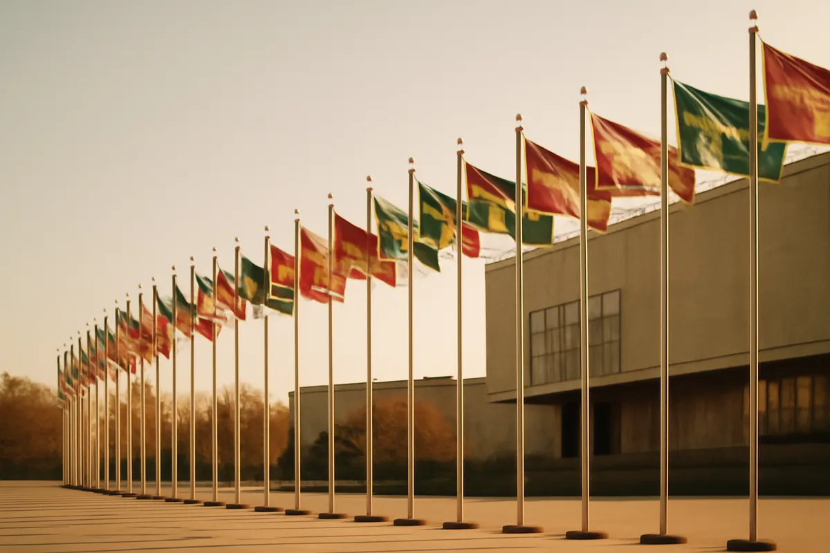 Row of national flags on poles flying outside a large modern building under a clear sky