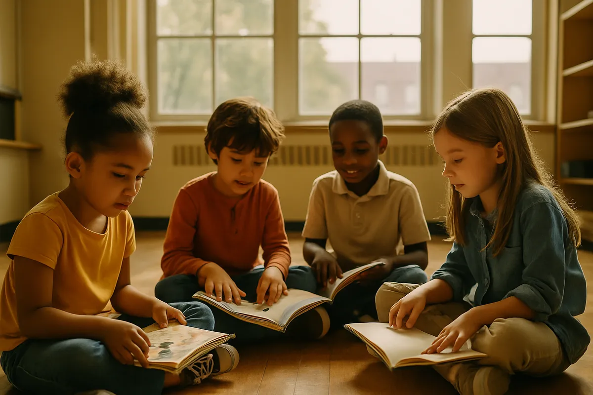 Children sitting in a circle on a classroom floor with picture books open in their laps
