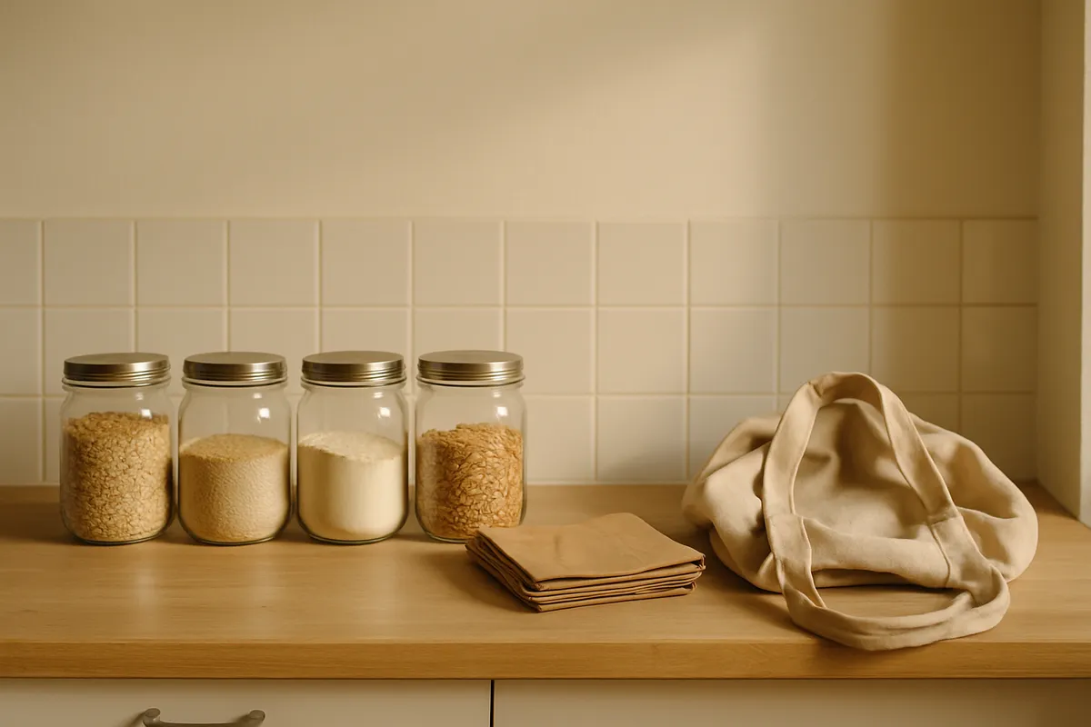 Kitchen counter with refilled glass jars, folded paper bags and a worn cloth tote