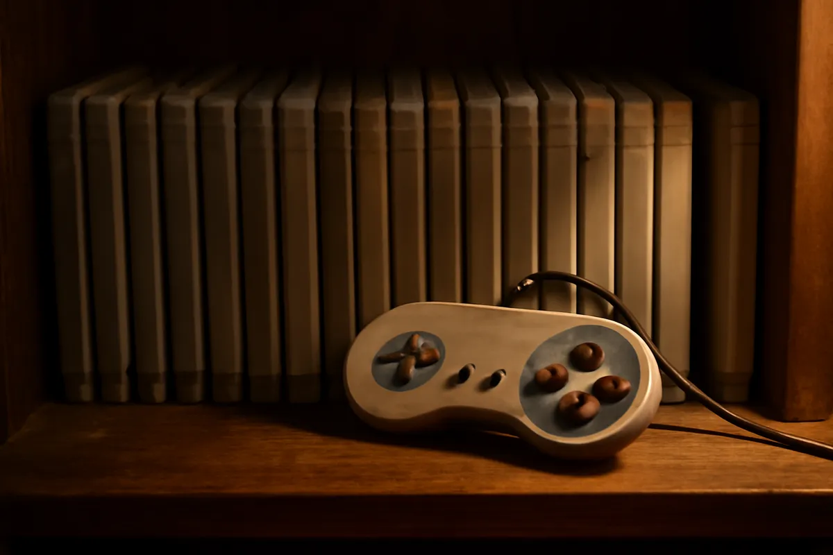 Shelf of unlabeled game cartridges and an old controller on a wooden surface
