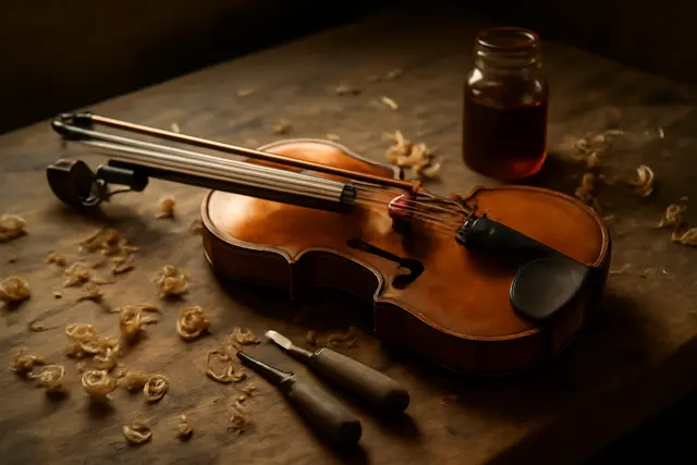 Violin and bow on a workbench among wood shavings, carving chisels and a pot of varnish