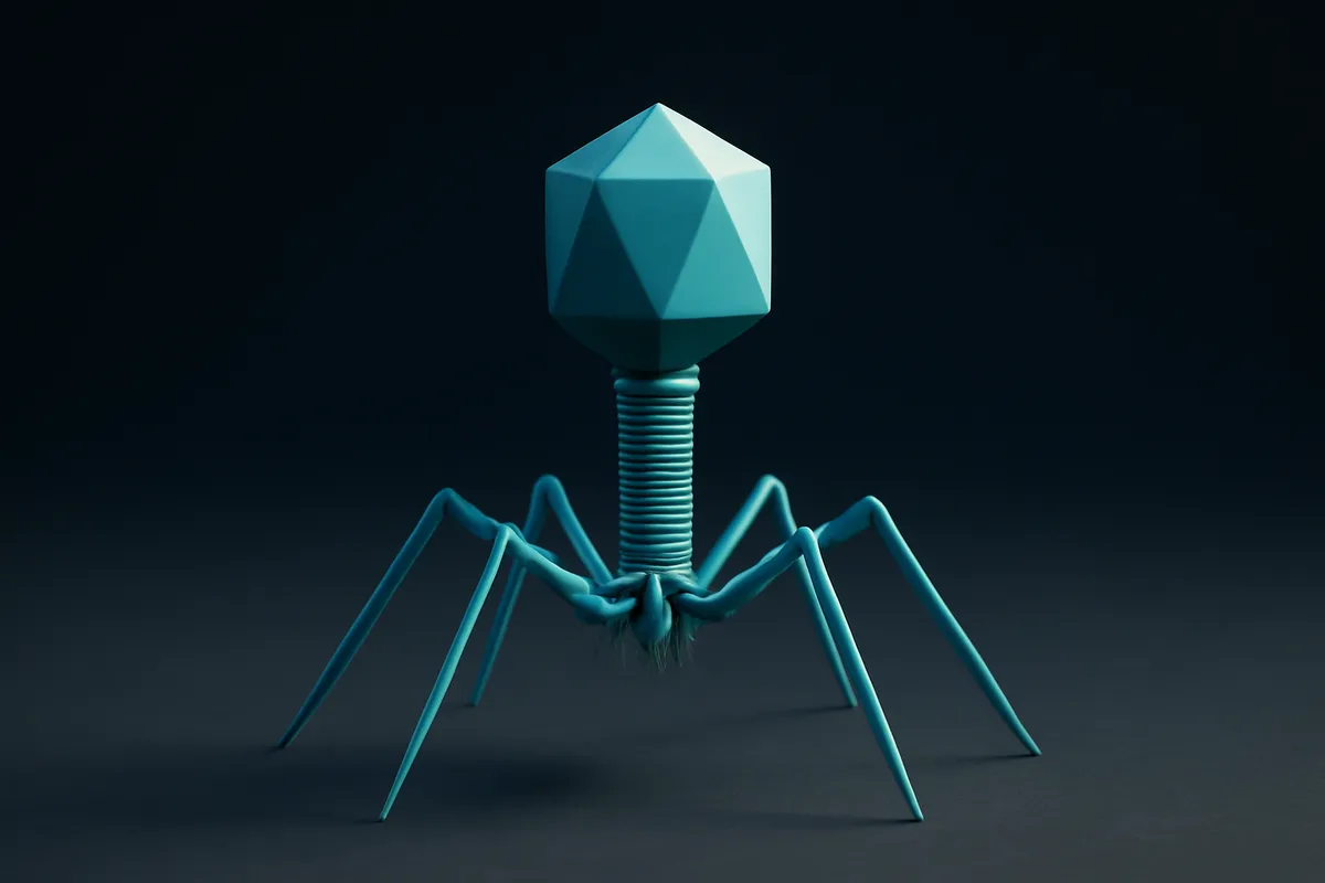Scientific illustration of a bacteriophage with geometric head and slender legs in blue tones