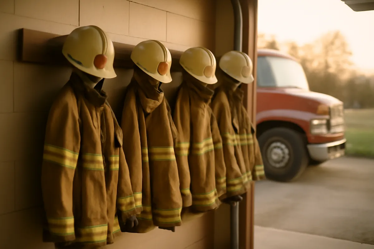Turnout coats and helmets on pegs in a small rural fire station with an engine behind