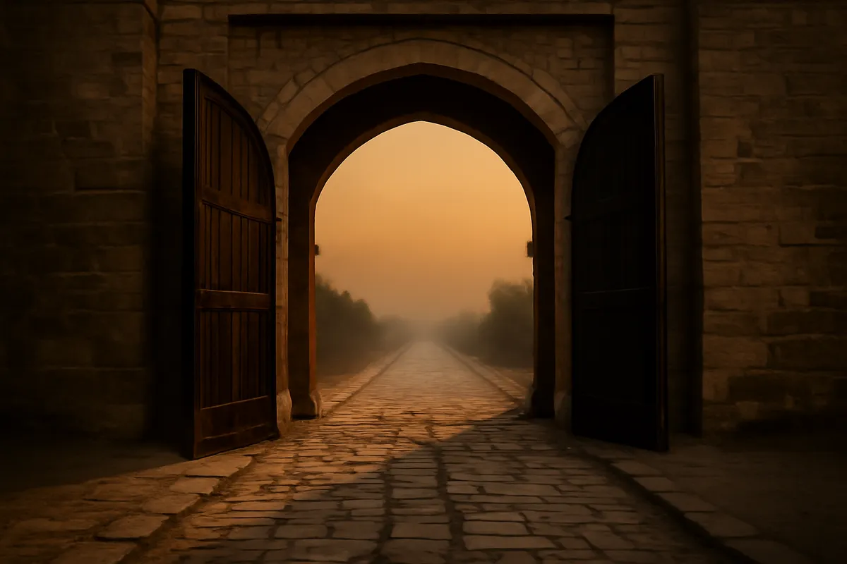 Empty stone city gateway standing open onto an empty road at dusk with long shadows