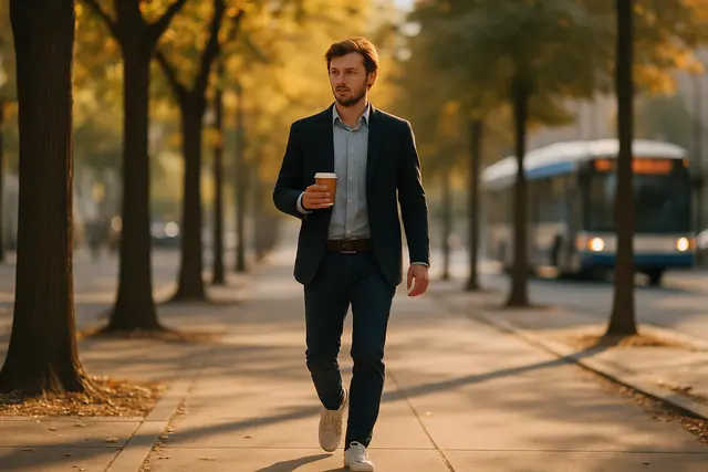 A commuter in sneakers walking along a tree-lined sidewalk with a coffee