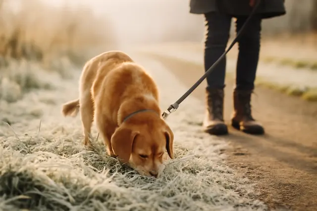 Dog nose-down in frosty grass with a slack lead and owner's boots waiting behind