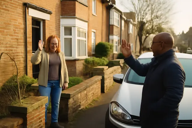 Two people waving across adjoining front gardens on a suburban street in morning light