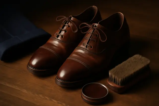 Polished brown leather oxfords on a wooden floor beside polish and a horsehair brush