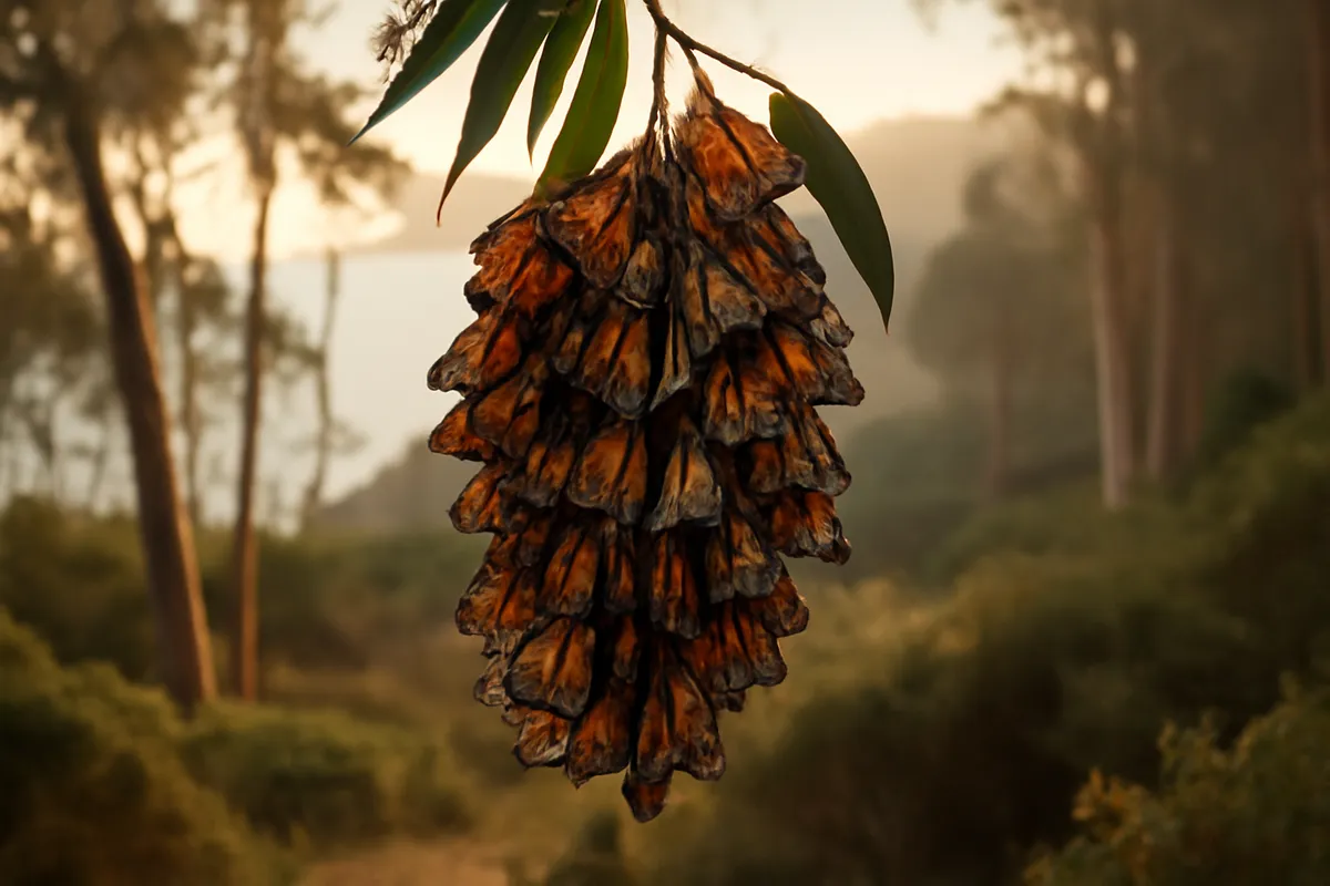 Dense cluster of monarch butterflies hanging from a eucalyptus branch in a coastal grove