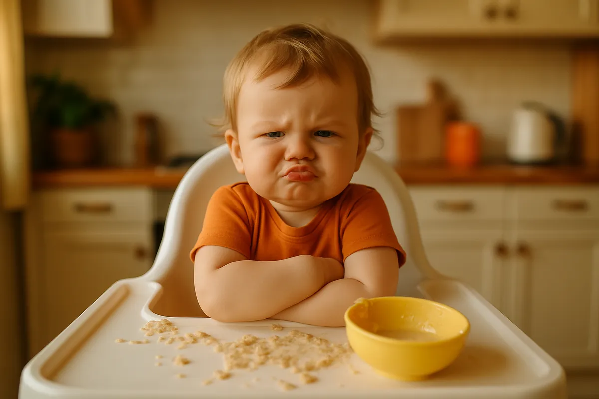 A toddler in a high chair with crossed arms and an exaggerated pout beside a spilled bowl of oatmeal