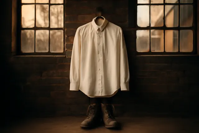 Crisp white pressed shirt hanging against a weathered industrial brick wall above work boots