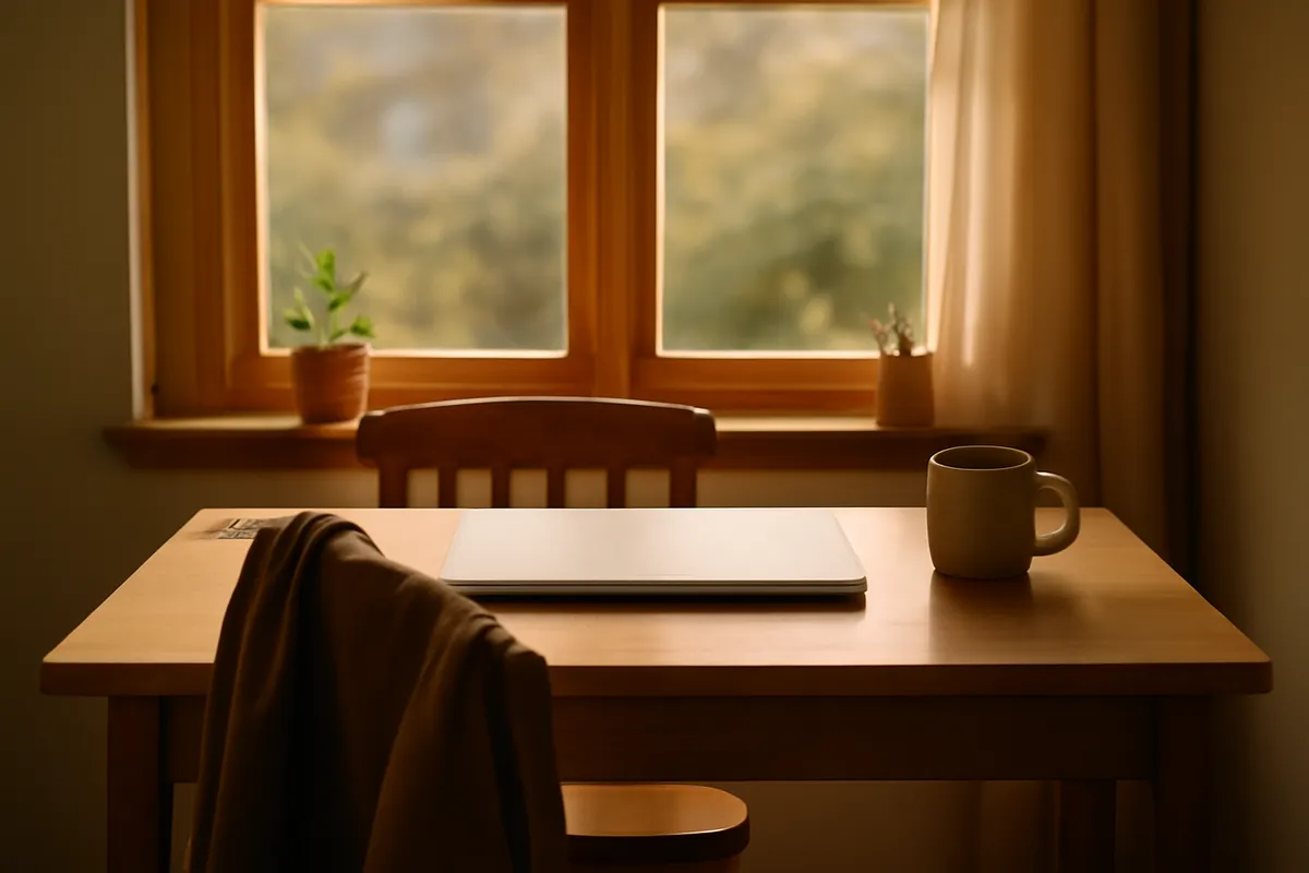 Tidy home desk with a closed laptop, a mug and a jacket over the chair in afternoon light