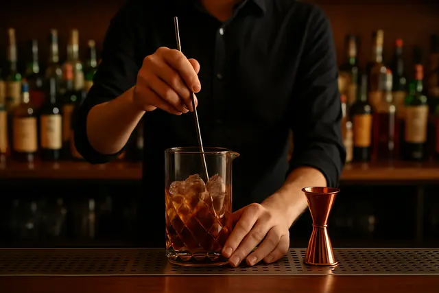 Organized bar station with bottles behind, a mixing glass and jigger, hands mid-stir