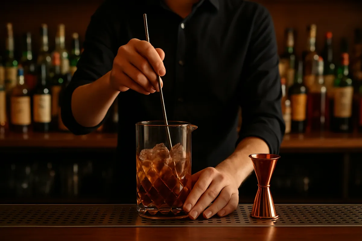 Organized bar station with bottles behind, a mixing glass and jigger, hands mid-stir