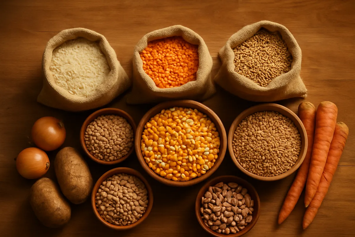 Overhead view of staple foods in sacks and bowls: rice, lentils, maize, beans and roots