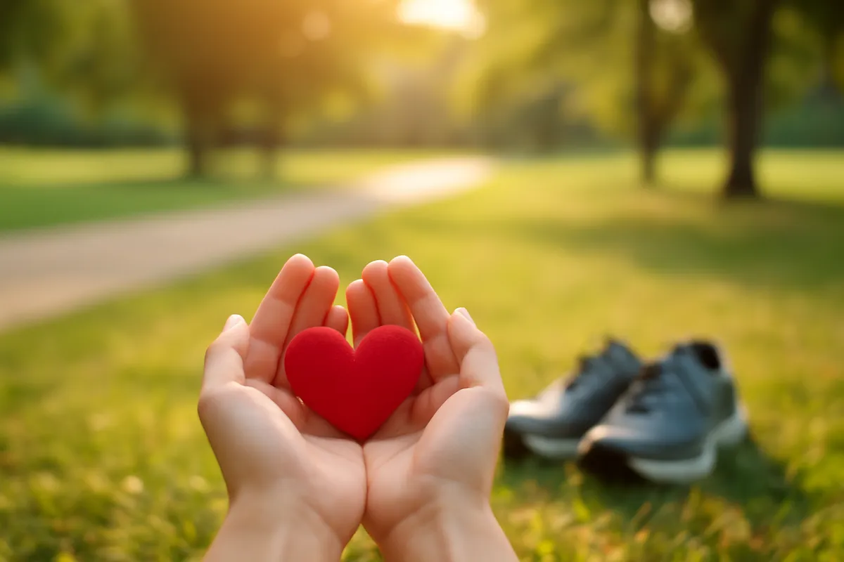 Hands cradling a small red felt heart in a sunlit park beside a pair of running shoes