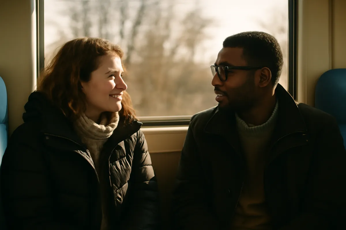 Two strangers on a commuter train turning toward each other mid-conversation