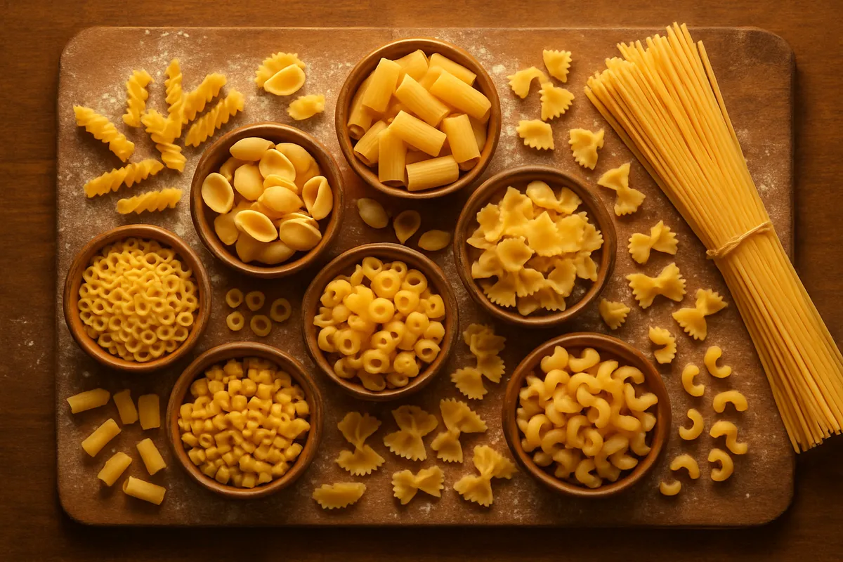 Overhead view of many dried pasta shapes in bowls and scattered on a floured wooden board