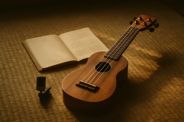 Soprano ukulele on a woven mat beside an open chord book and a clip-on tuner
