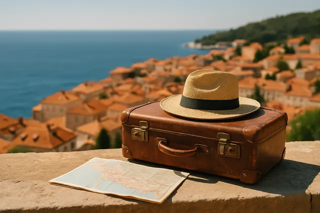 Leather suitcase, folded map and straw hat on a terrace above a coastal town