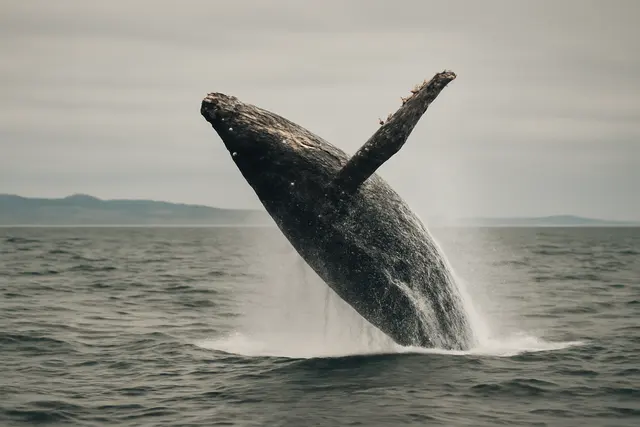 Humpback whale breaching clear of gray ocean with spray falling around it