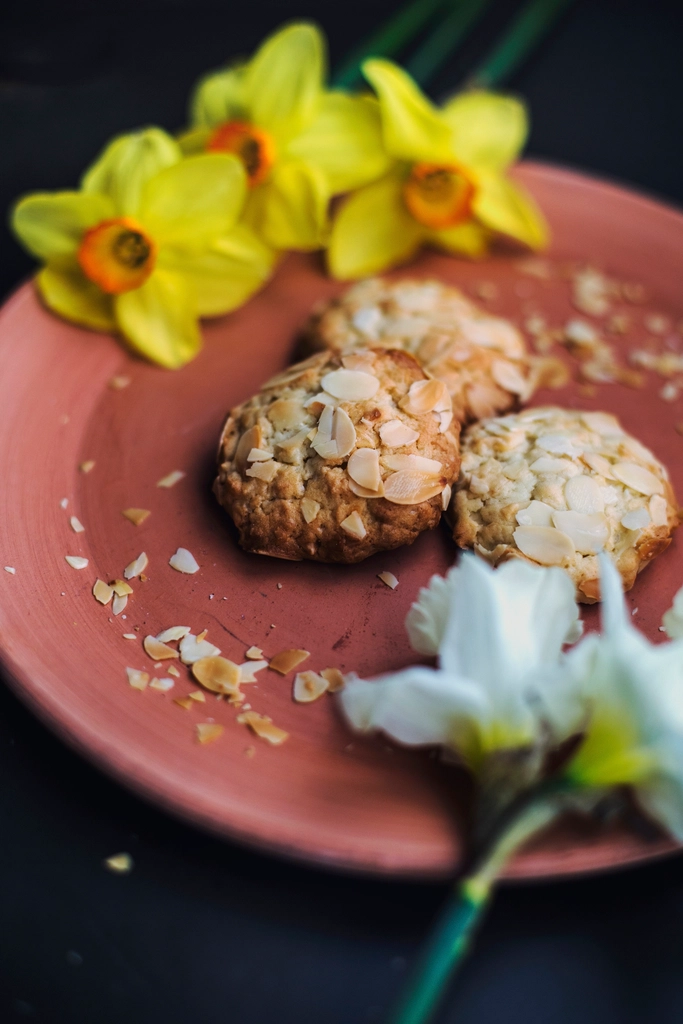 Almond cookies pink plate yellow
