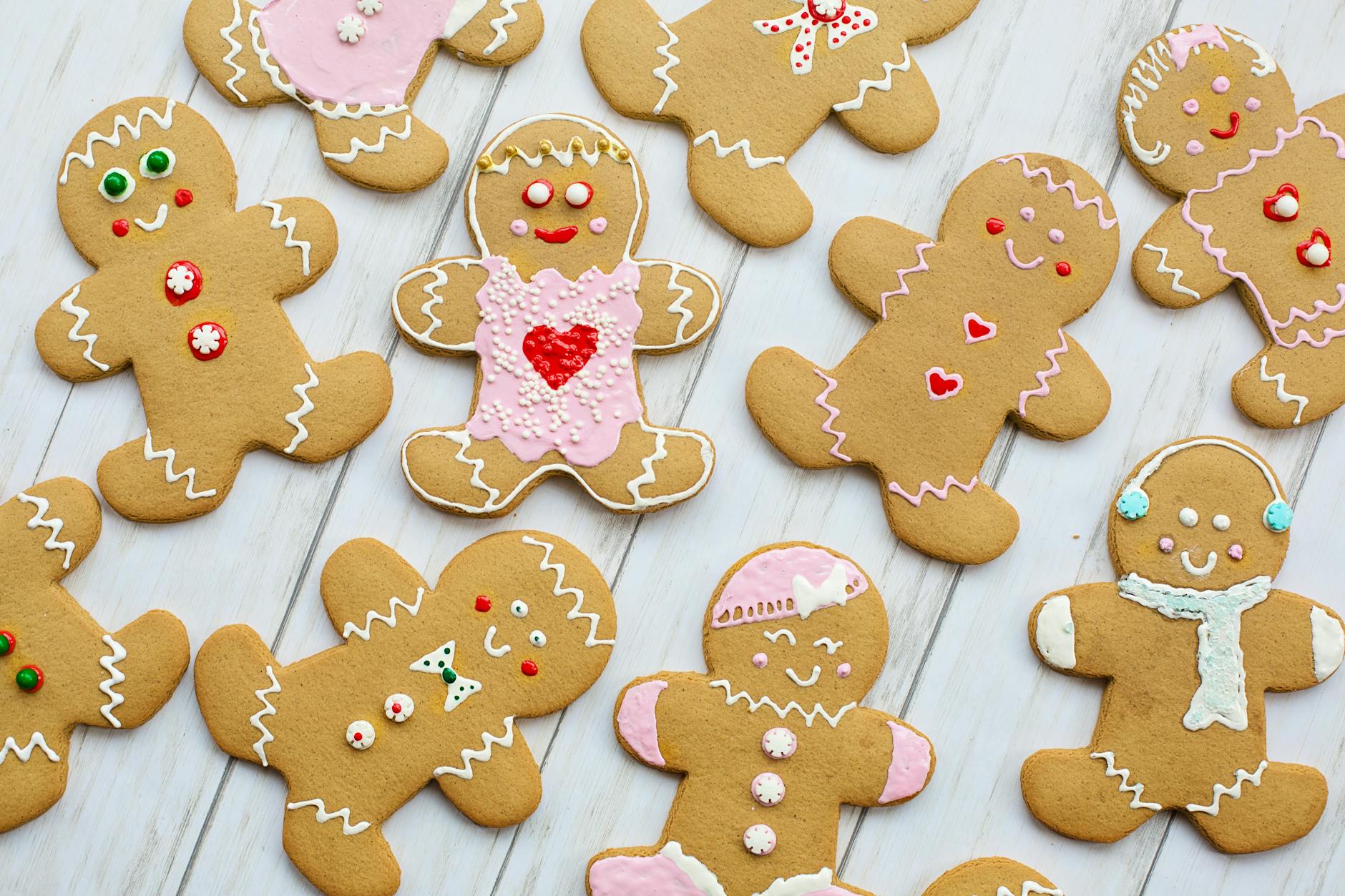 top view of gingerbread cookies laid flat on a wooden table
