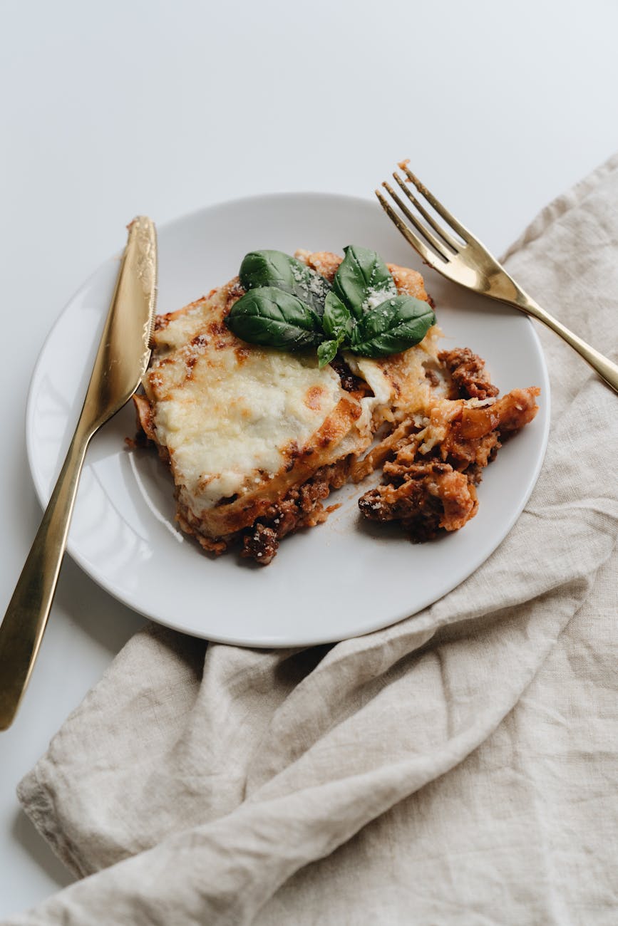 savory lasagna on a ceramic plate