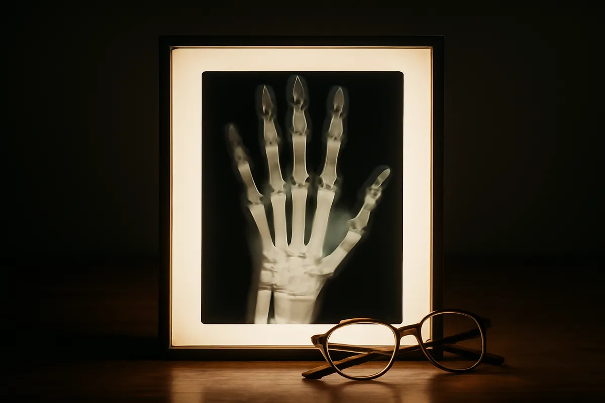 Radiograph of a human hand on a glowing light box in a darkened room