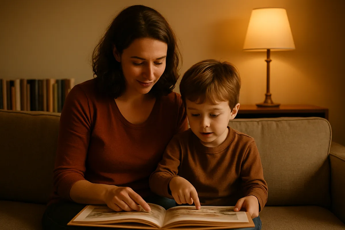 Adult and child on a sofa with an open picture book across their laps, child pointing