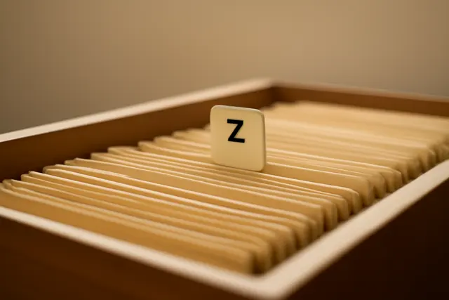 Row of alphabetical file dividers with the last tab pulled forward ahead of the rest
